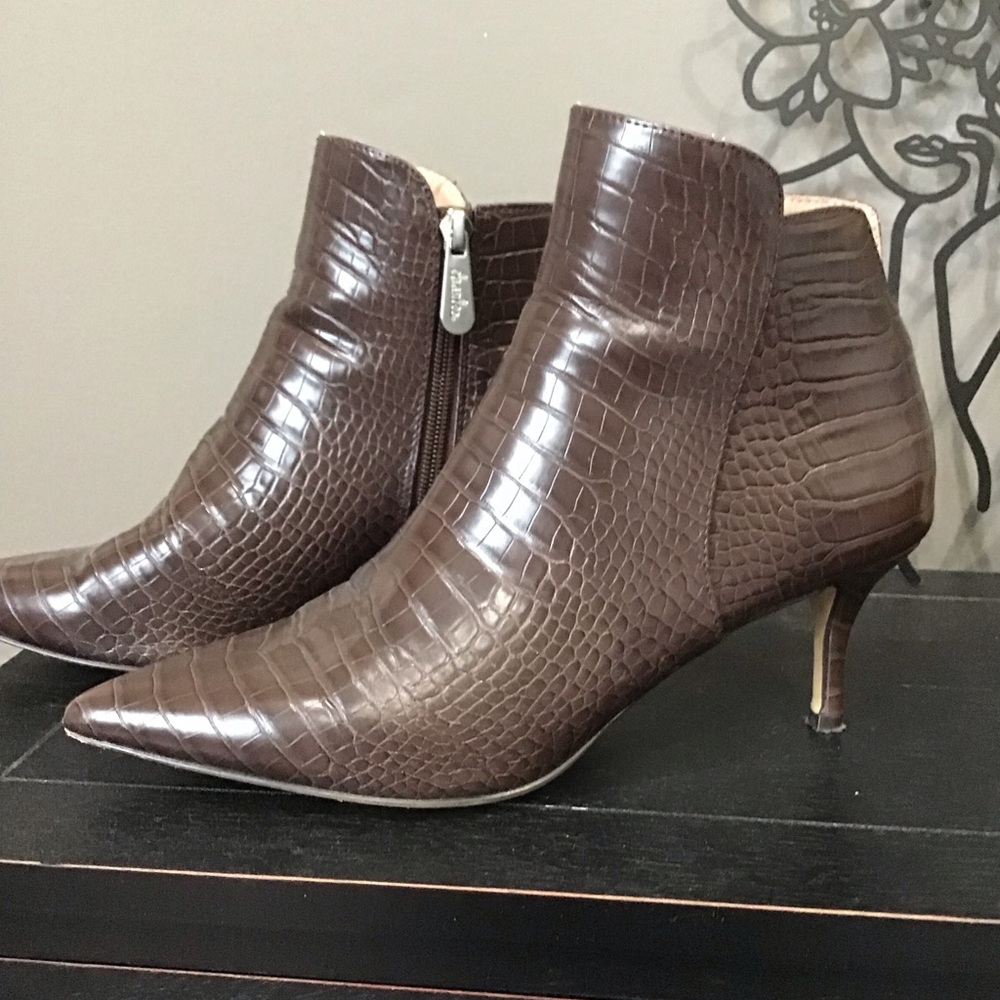 Charles David Brown Croc Leather kitten heel boots.